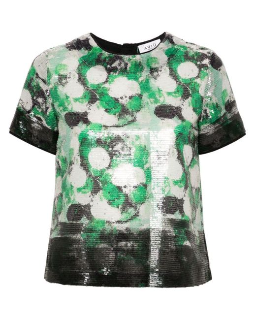 Aviu Green Sequin-embellished Graphic-print Blouse