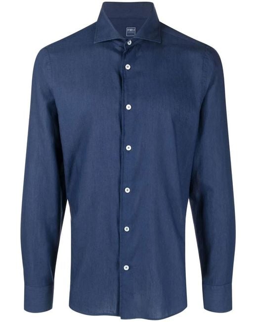 Fedeli Blue Poplin Long-Sleeve Shirt for men