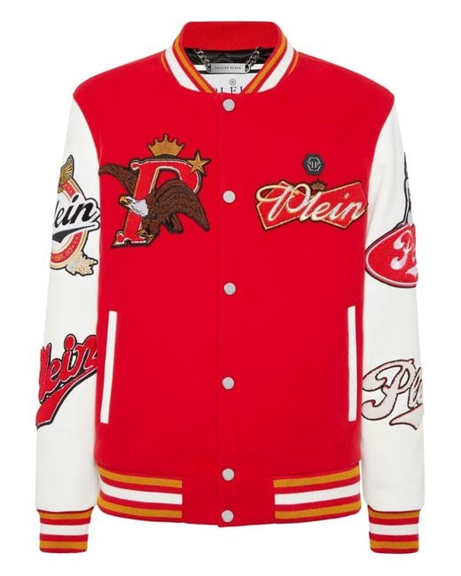 Philipp Plein Red Patch Varsity Bomber Jacket for men
