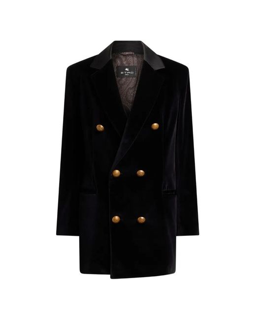 Etro Black Long Double-Breasted Stretch Cotton Velvet Jacket