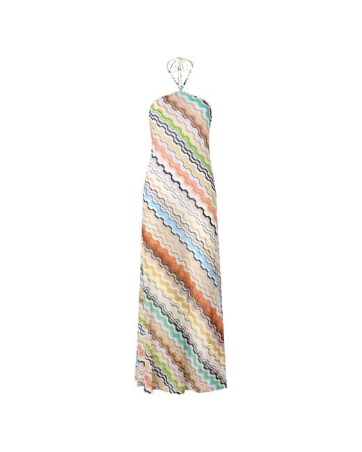 Missoni White Long Cover-Up Dress With Halterneck And Greek Motif