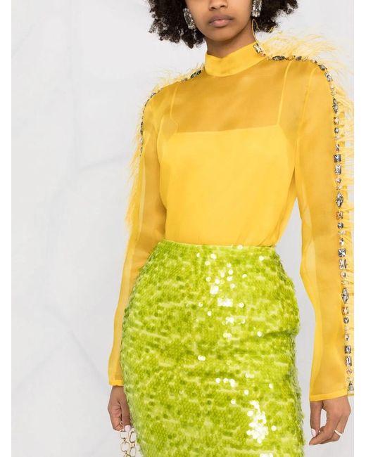 Emilio Pucci Yellow Feather-Trim Silk Blouse