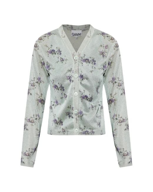 Ganni Gray Cardigan Fleuri À Effet Métallisé