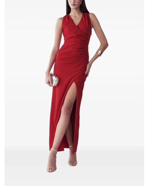 BWLDR Red Wrap-Style Side-Slit Maxi Dress