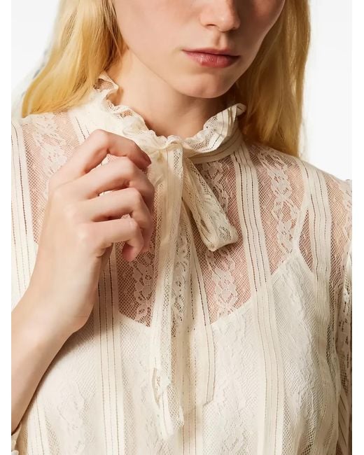 Twinset White Lace-Panelled Pussy-Bow Blouse