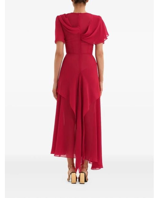 POST MERIDIEM Red Asymmetrical Draped Midi Dress