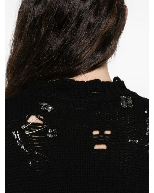 R13 Black Distressed Crystals Pin Sweater