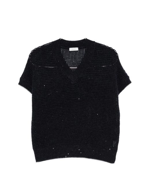 Peserico Black Sequin-Embellished Short-Sleeve Sweater