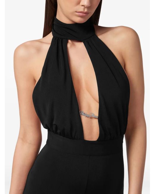 Philipp Plein Black Halterneck Logo-Plaque Jumpsuit