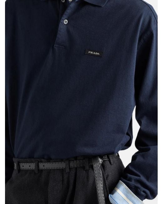 Prada Blue Long-Sleeved Cotton Polo Shirt for men