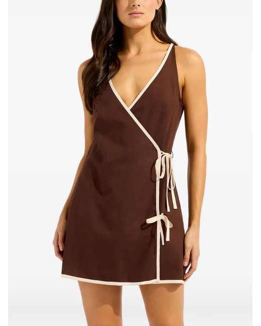 Seafolly Brown Contrast-Trim Wrap Mini Dress