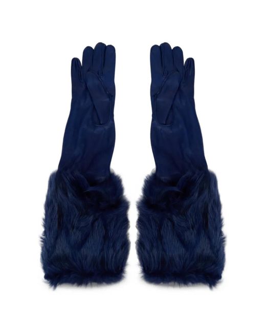 Alberta Ferretti Blue Fur Trim Leather Gloves