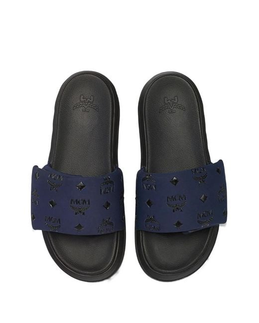 MCM Blue Monogram-Pattern Slides