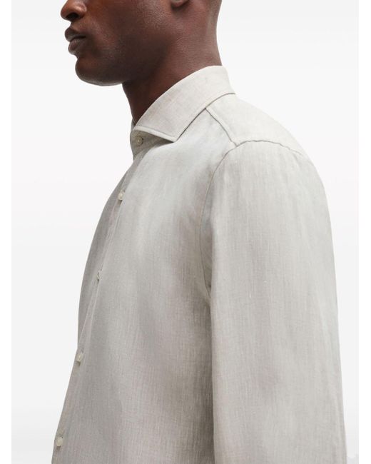 Boss White Spread-Collar Linen Shirt for men