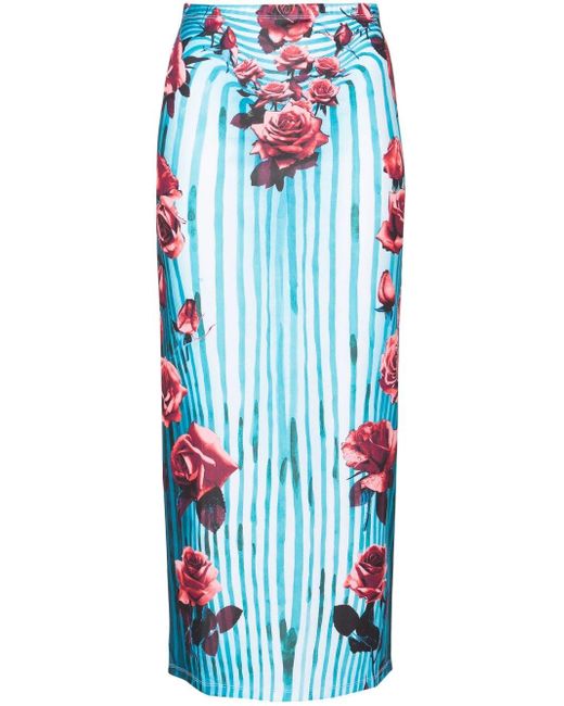 Jean Paul Gaultier Blue Morphing Rose-print Pencil Skirt - Women's - Polyester/elastane