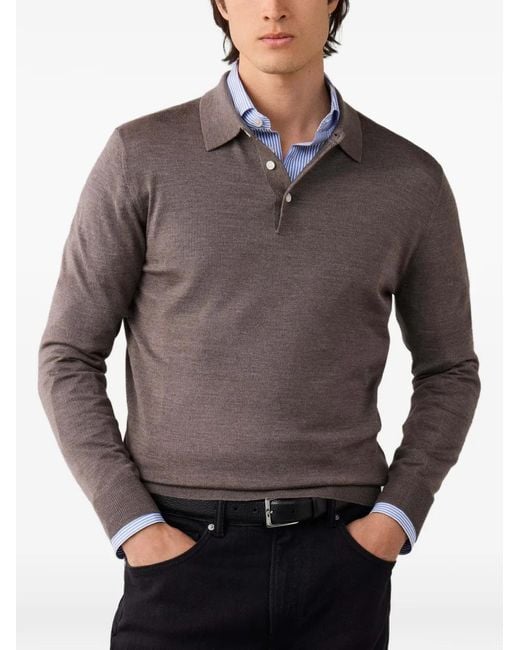Hackett Gray Knitted Long-Sleeve Polo Shirt for men