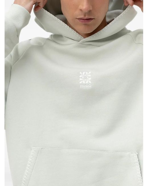 HUGO Gray Blanket-Stitch Embroidered-Logo Hoodie for men