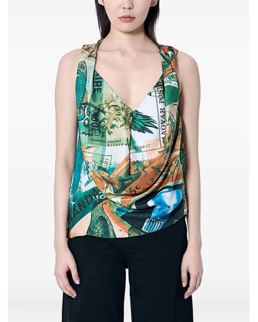 Kiko Kostadinov Blue Printed Draped Silk Blouse