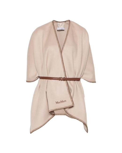 Max Mara Natural Logo-Embroidered Wool Poncho