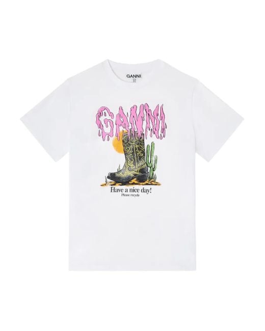 Ganni White Short Sleeve Round Neck Logo Tee Size S