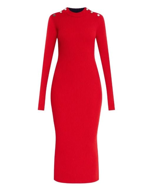 Sportmax Red Buttoned Ribbed Midi Dress