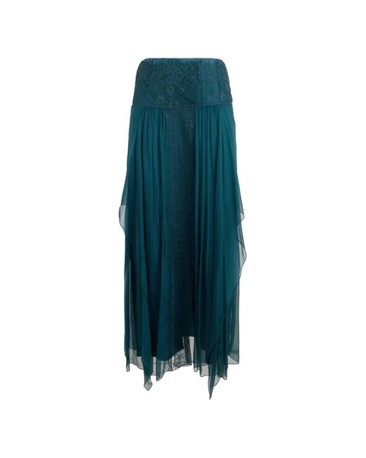 Alberta Ferretti Blue Lace-Trim Fringed Maxi Skirt
