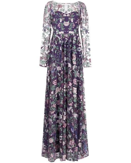 Marchesa Purple Botanical-Embroidery Sheer-Overlay Gown