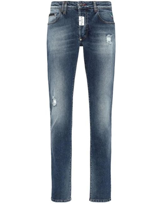 Philipp Plein Blue Logo-Patch Straight-Leg Jeans for men