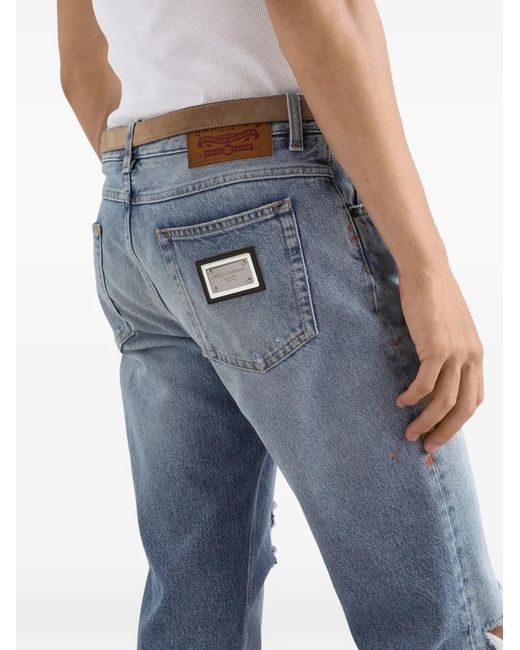 Dolce & Gabbana Blue Ripped Logo-Plaque Jeans for men