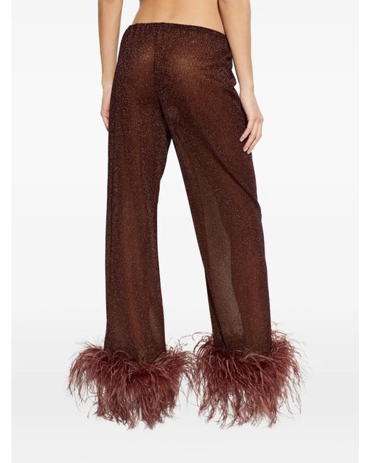 Oseree Brown Plumage Feather-Trim Trousers