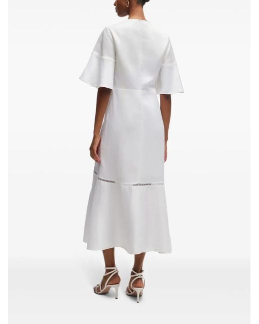 Boss White Perforated Linen Blend Flared Midi Dress