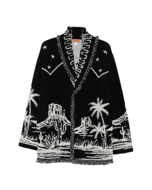 Alanui Black Intarsia-Knit Fringed Cardigan for men