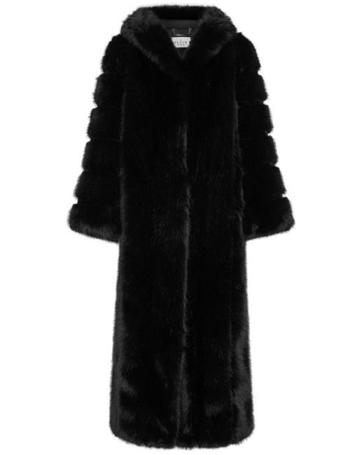 Philipp Plein Black Hooded Faux-Fur Coat