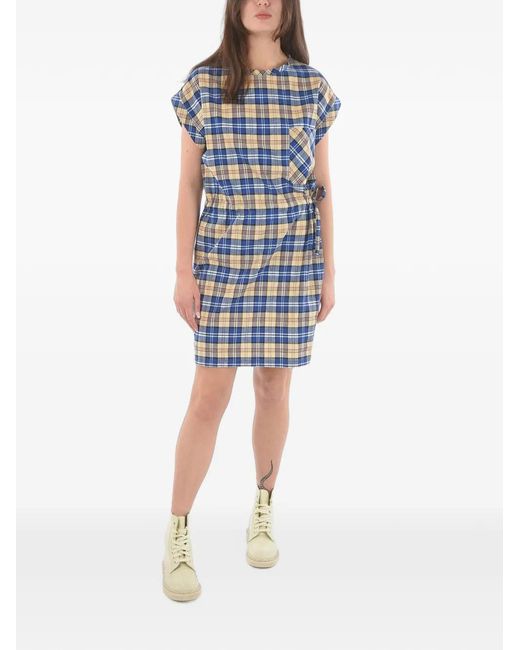 Woolrich Blue Tartan-Check Elasticated-Waist Mini Dress