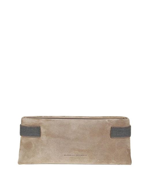 Brunello Cucinelli Gray Monili-Detail Suede Clutch Bag