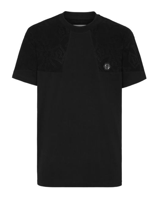 Philipp Plein Black Round-Neck T-Shirt Jacquard Crest Cut for men
