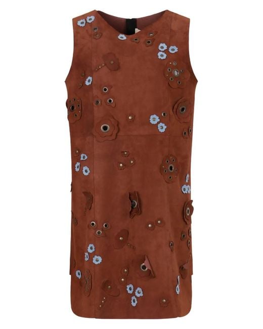 Marni Brown Daisy-Appliqué Studded Mini Dress
