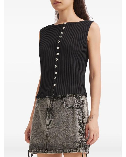 Free People Black Ribbed Buttoned Top
