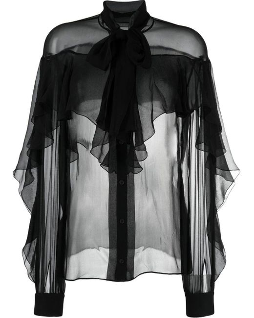 Alberta Ferretti Pussy-bow Ruffled Silk Shirt in Black | Lyst