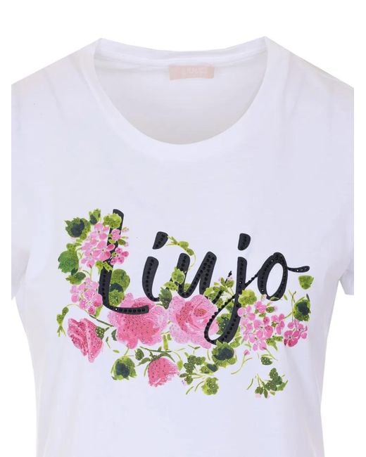 Liu Jo White Floral Print Strass T-Shirt