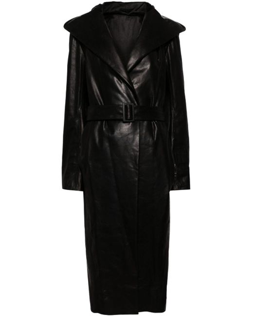 Rick Owens Black Drella Hooded Leather Coat