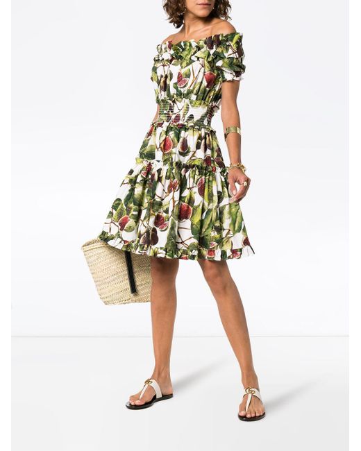 Dolce & Gabbana Fig Print Off-the-shoulder Cotton Dress in Green | Lyst UK