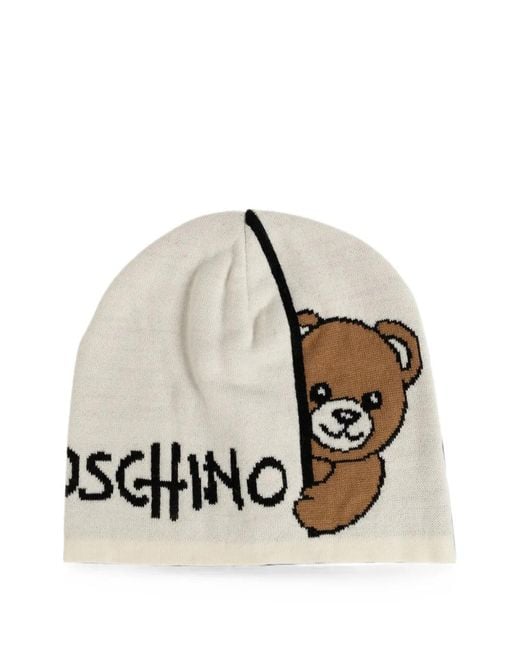 Moschino Natural Teddy Bear Logo-Intarsia Beanie Hat