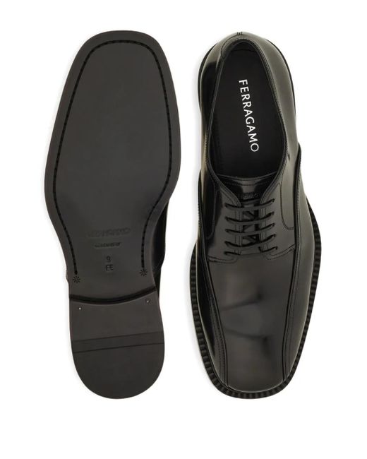 Ferragamo Black Double-Stitched Leather Derby Shoes for men