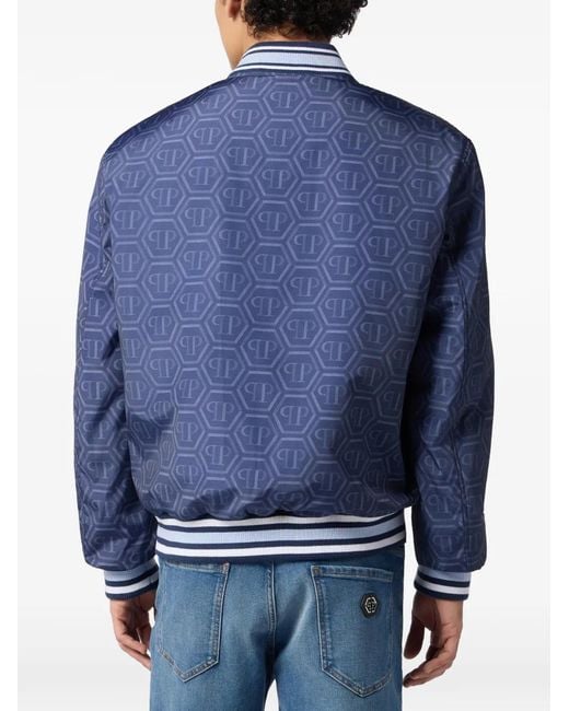 Philipp Plein Blue Nylon Bomber All-Over Monogram for men