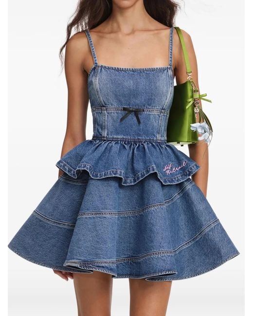 Self-Portrait Blue Bow-Motif Tiered-Skirt Mini Dress