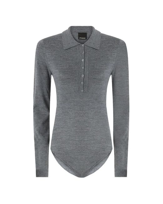 Pinko Gray Fine-Knit Long-Sleeve Bodysuit