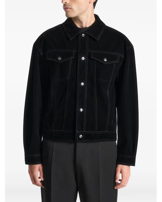 Manière De Voir Black Topstitching-Detail Velvet Trucker Jacket for men