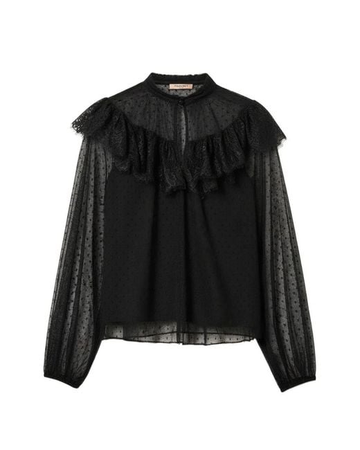 Twinset Black Lace-Trim Ruffled Blouse