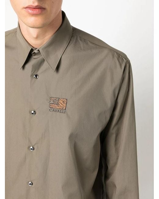 Roberto Cavalli Green Logo-Embroidered Cotton Shirt for men